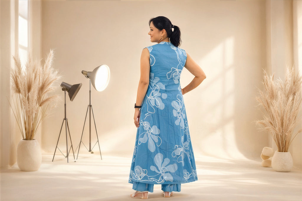 Azure Flora – Hand-Printed Cotton Kurta Set