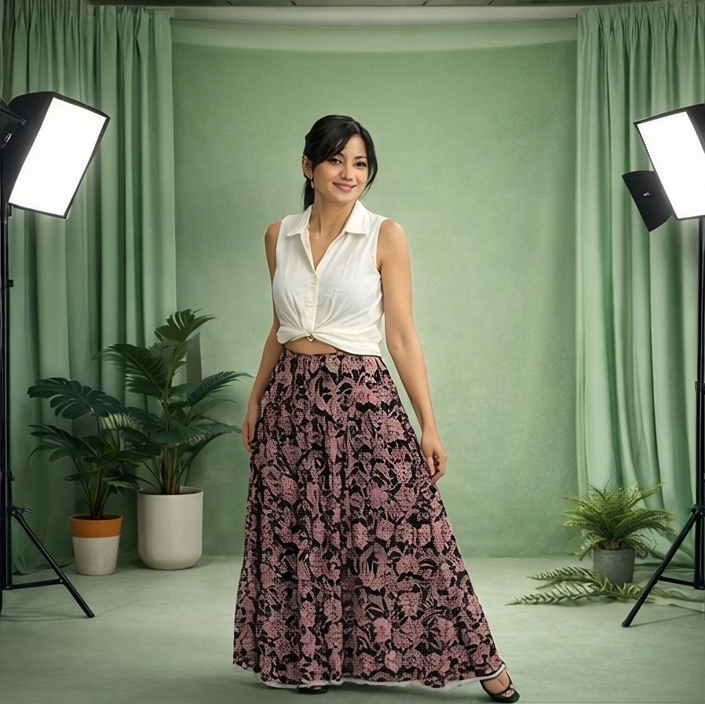 Black floral printed long skirt