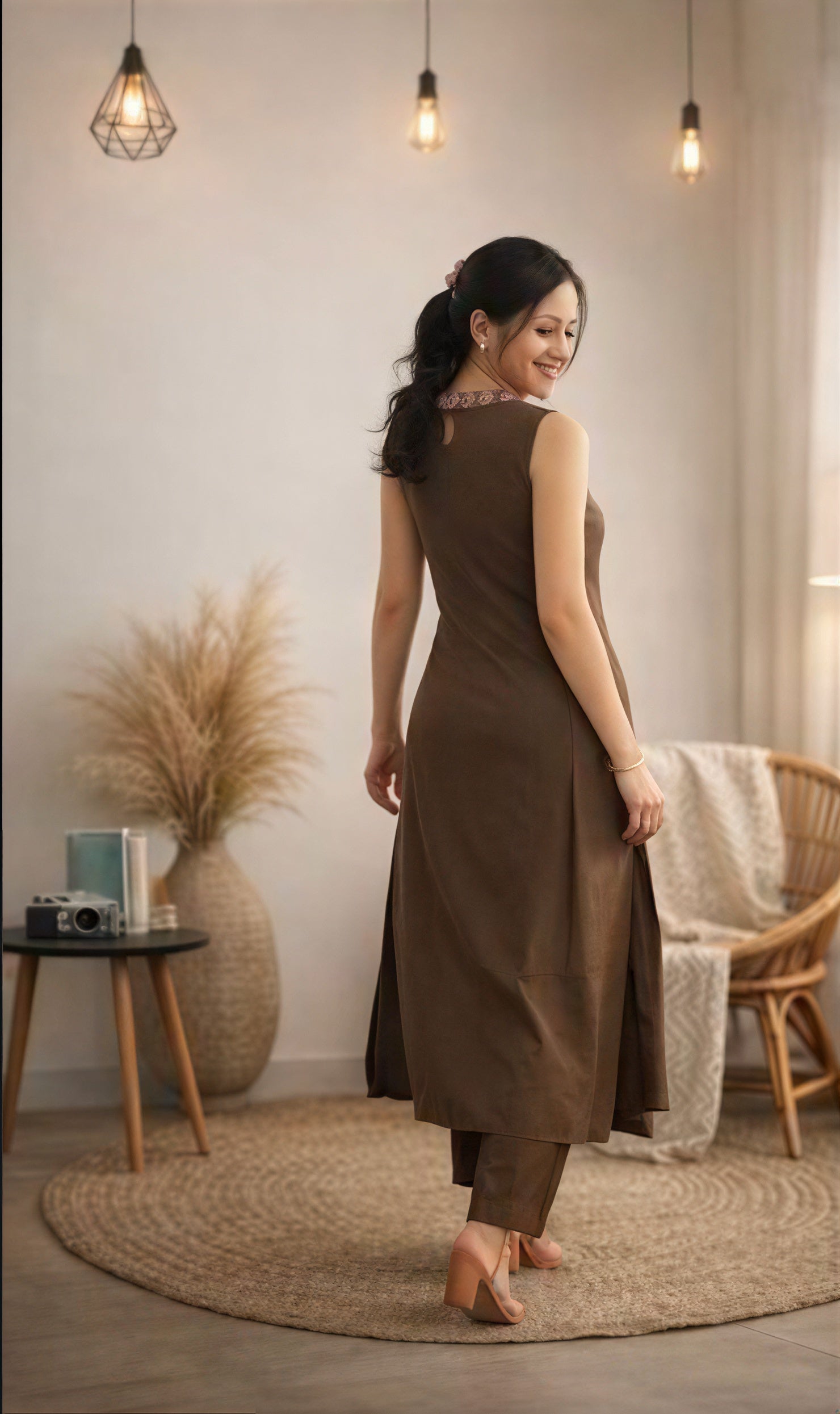 Brown sleevless co-ord set with stitched floral design