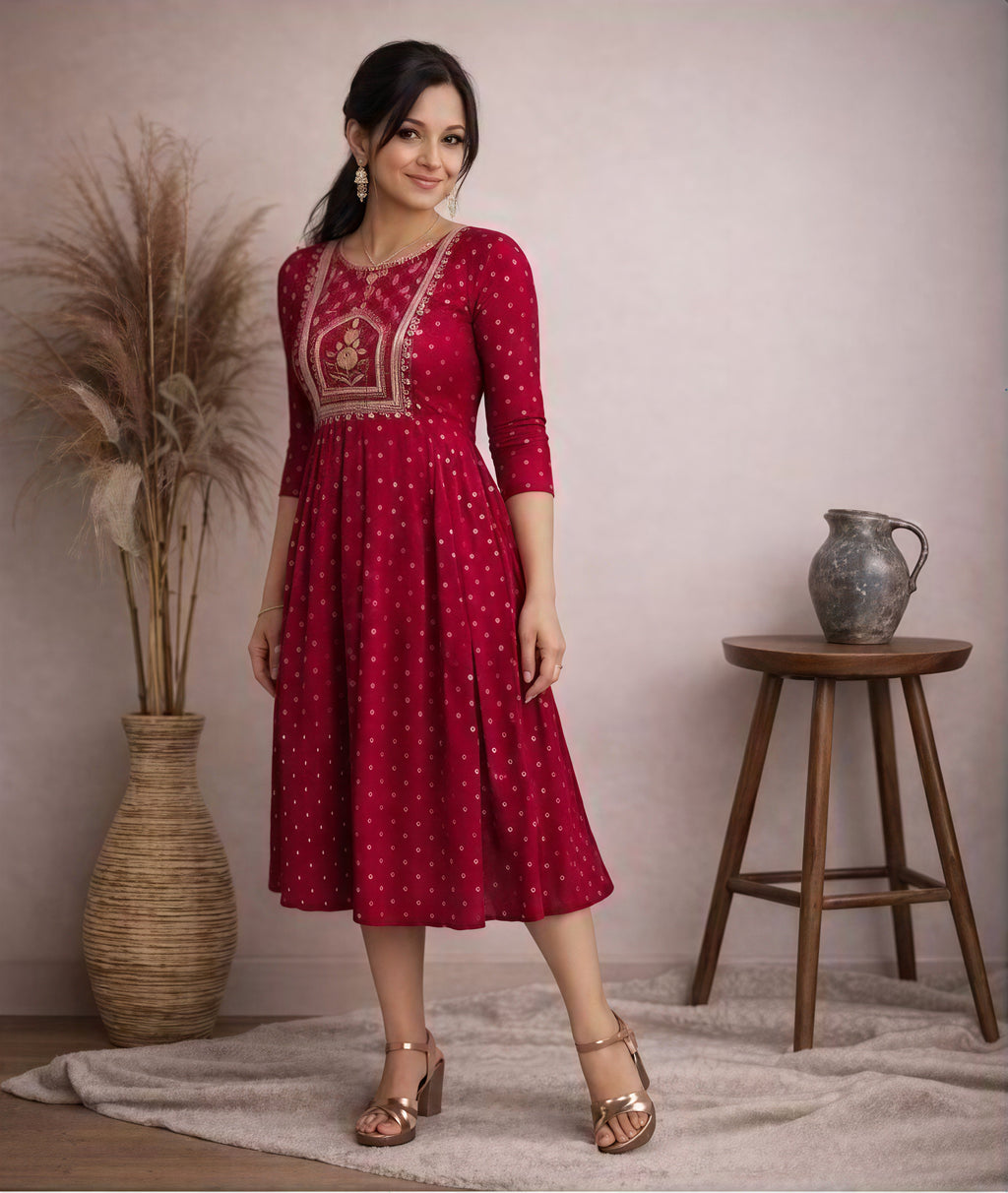 Red one piece kurti below knee length  with kadai work on neck