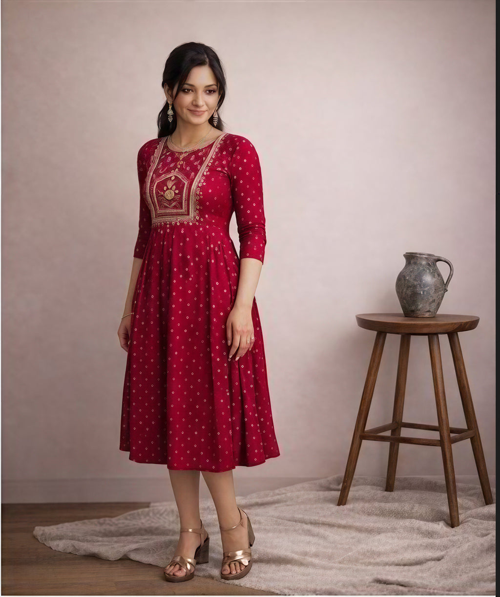Red one piece kurti below knee length  with kadai work on neck
