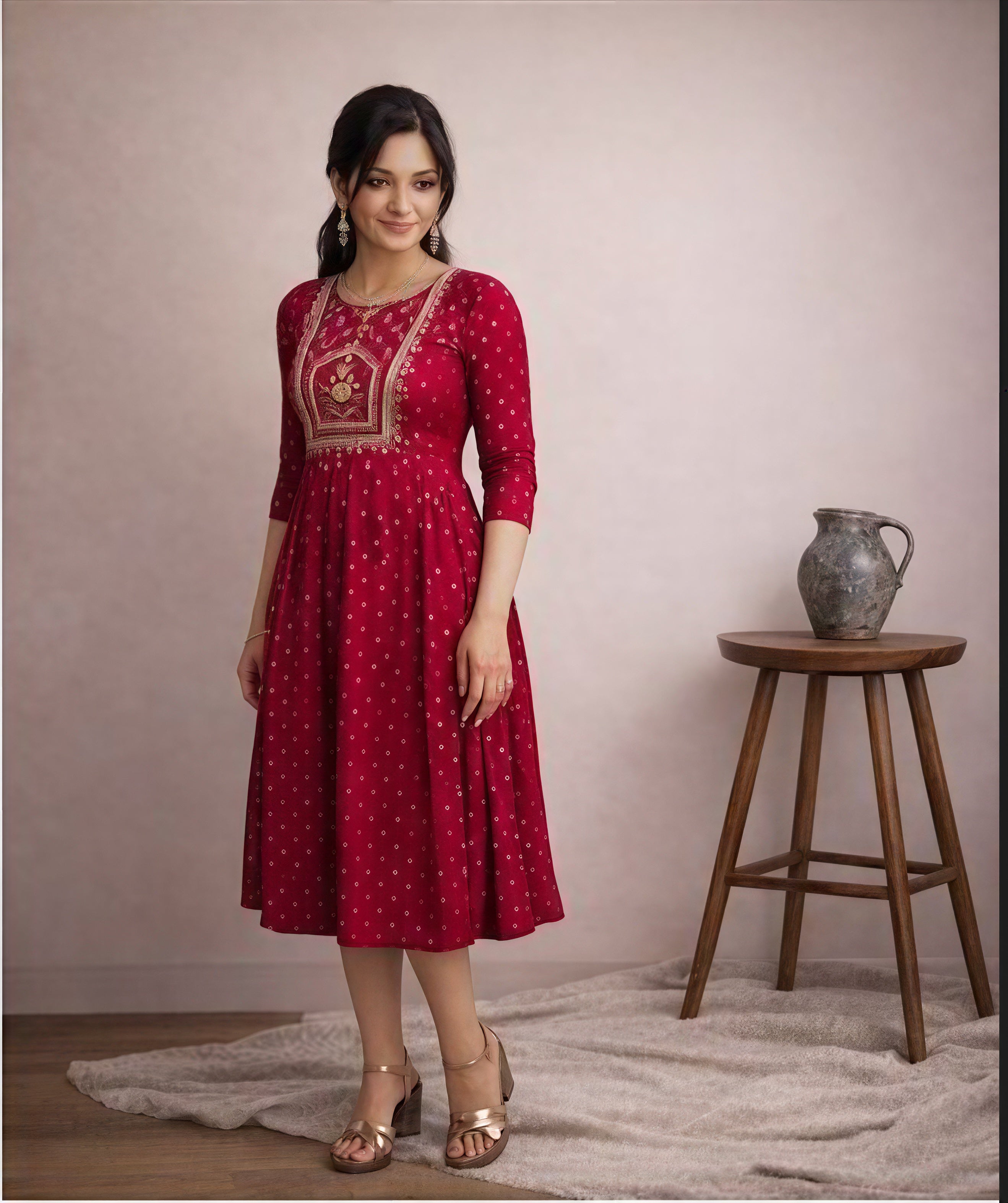 Red one piece kurti below knee length  with kadai work on neck