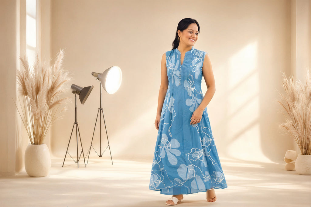 Azure Flora – Hand-Printed Cotton Kurta Set