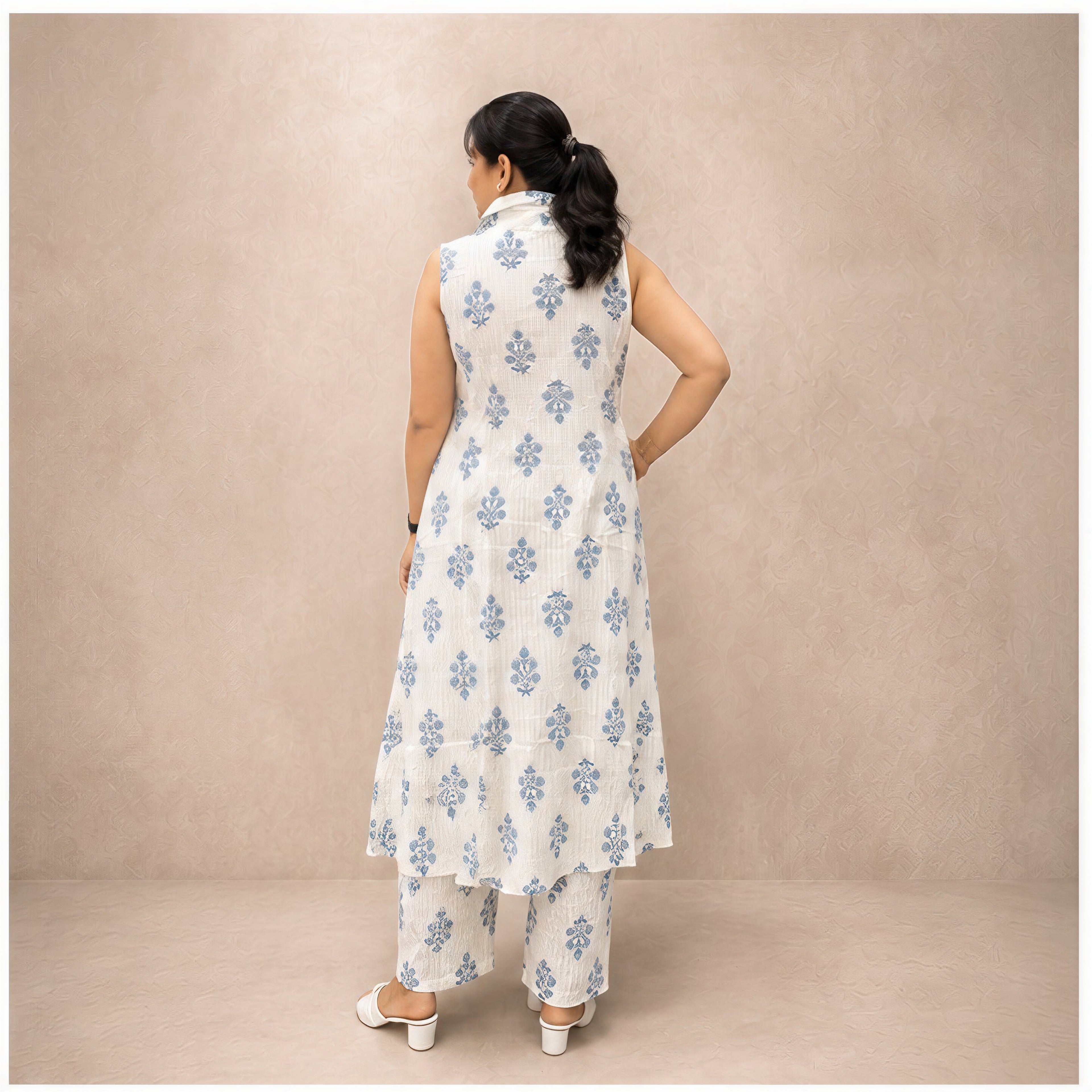 Printed floral white cotton kurta set