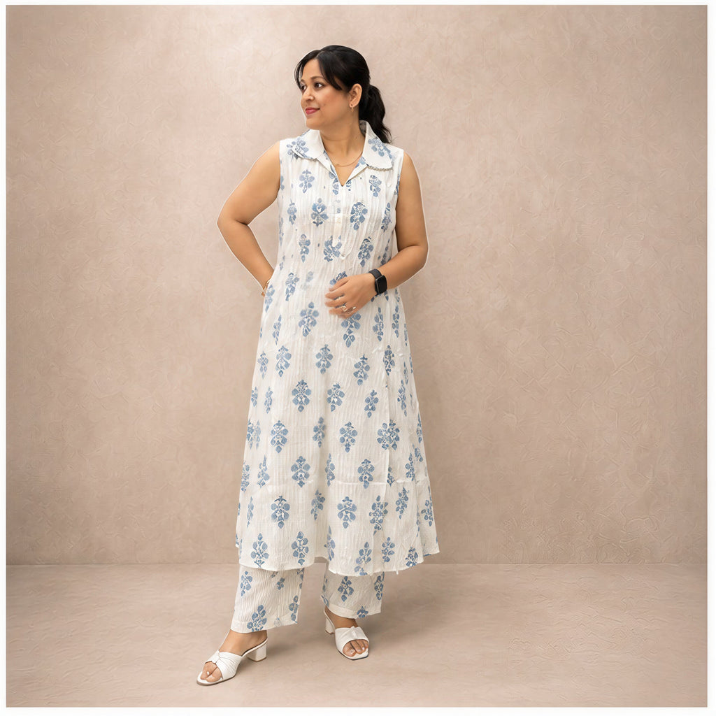 Printed floral white cotton kurta set