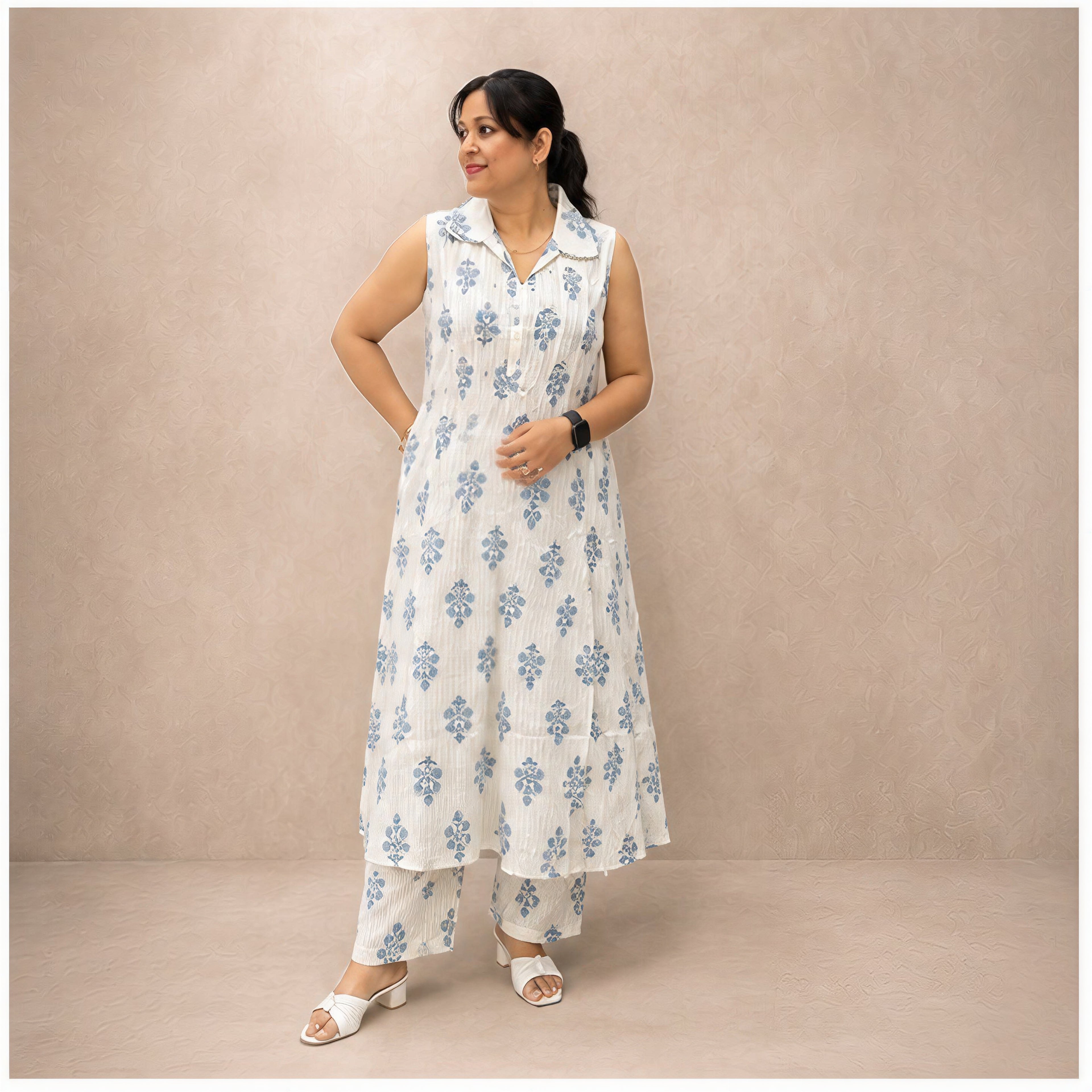 Printed floral white cotton kurta set