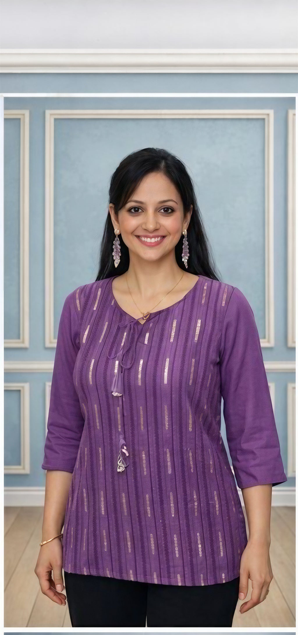Purple half kurti with striped work desgin
