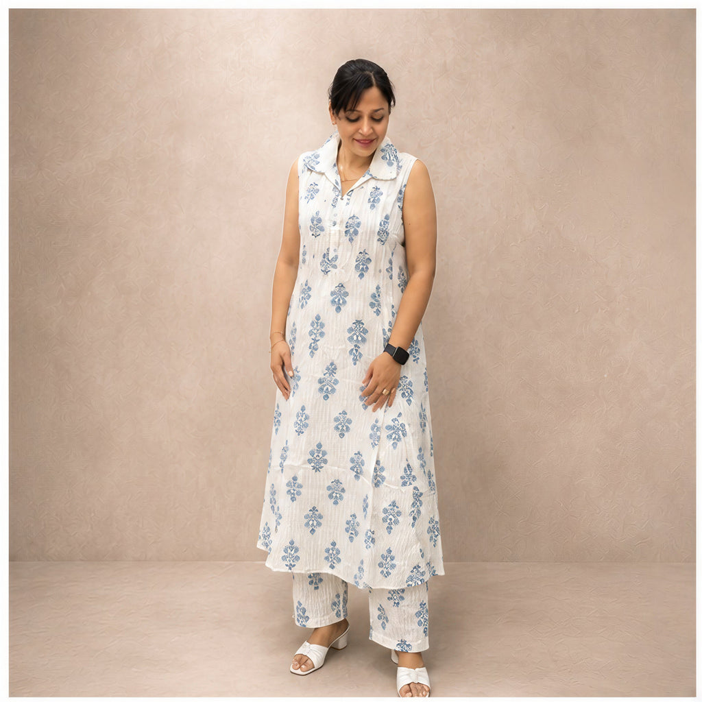 Printed floral white cotton kurta set