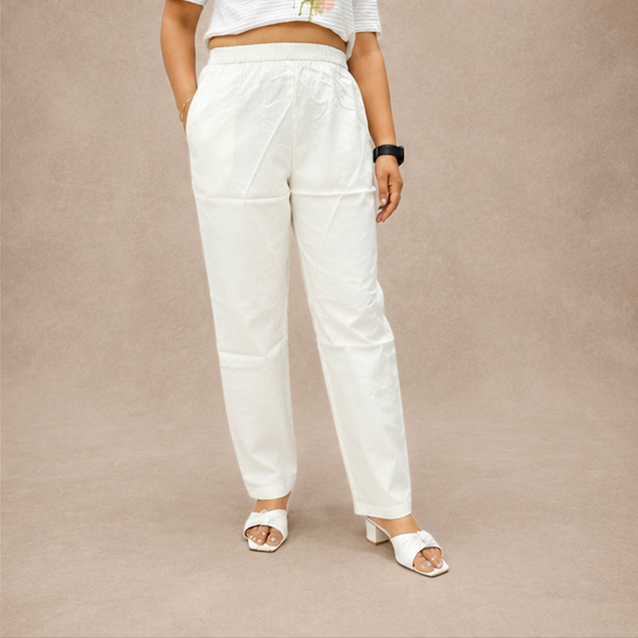 Casual mid-waist White cotton pants