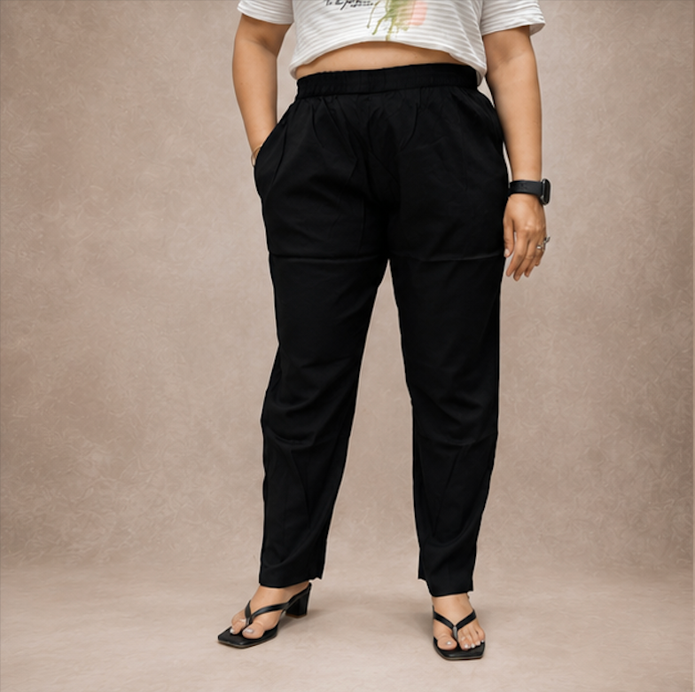 Casual mid-waist Black cotton Pants