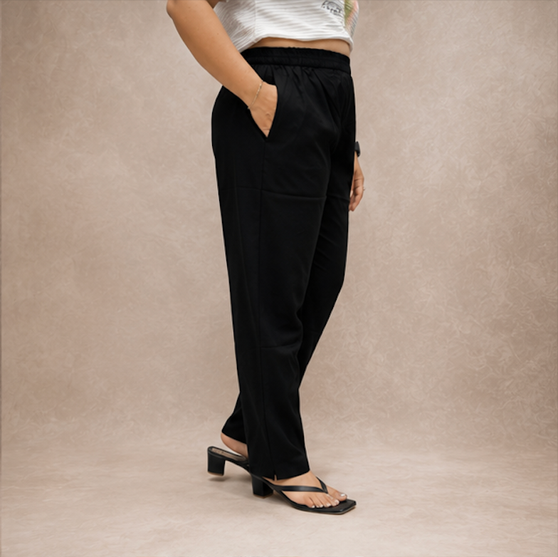 Casual mid-waist Black cotton Pants