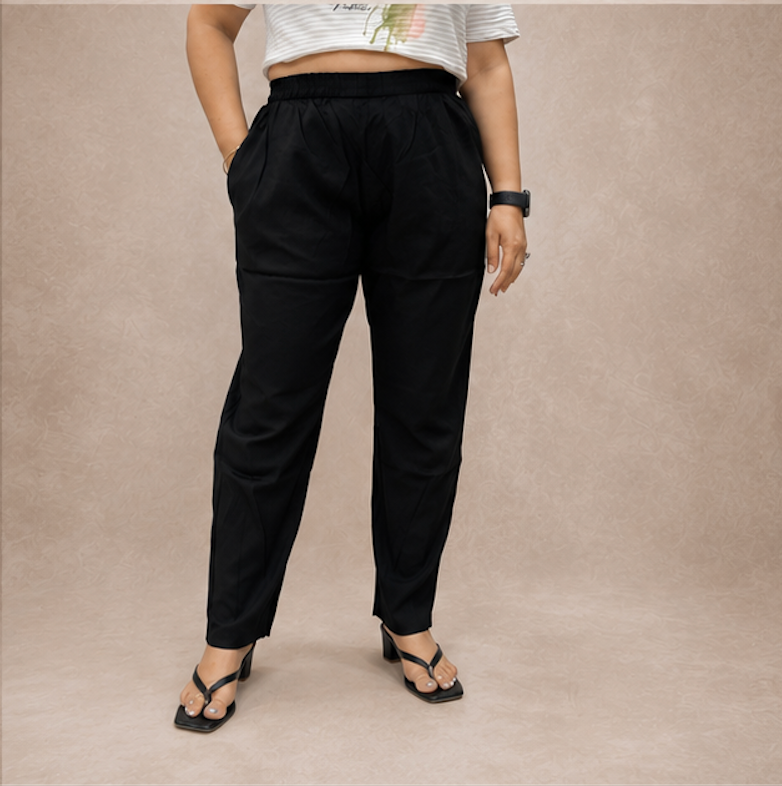 Casual mid-waist Black cotton Pants