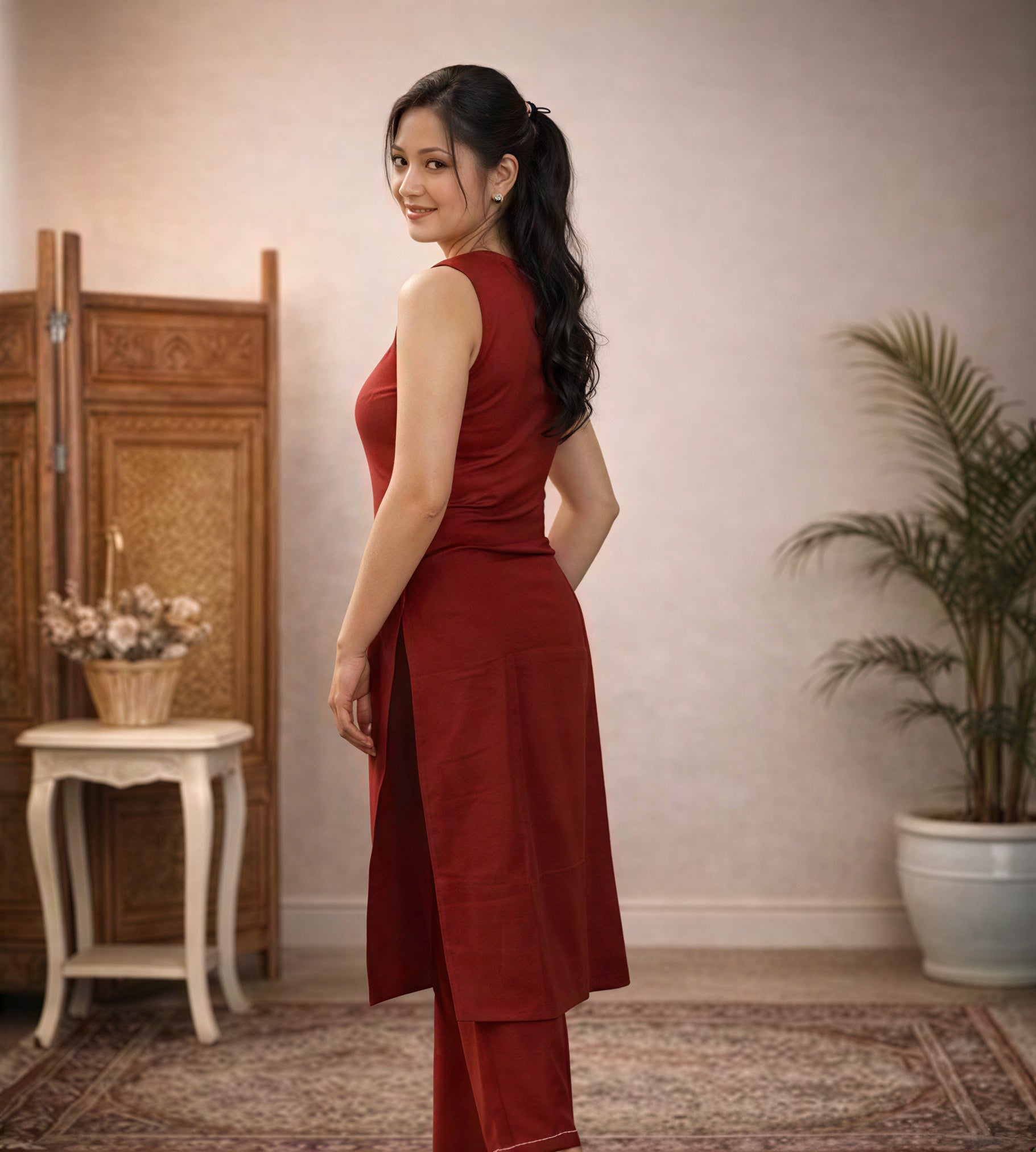 Sleevless kruta co-ord set and stitched floral desgin straight fit