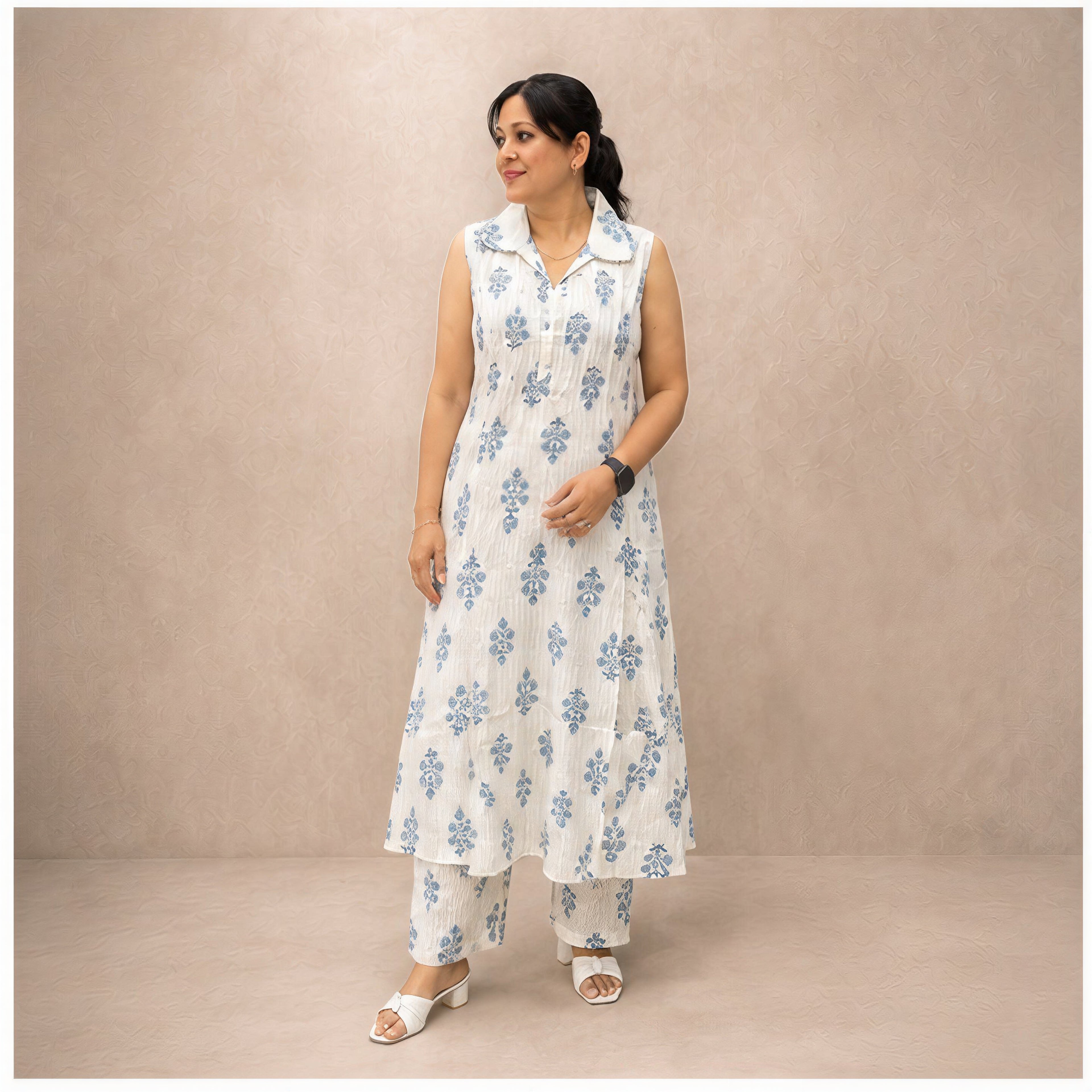 Printed floral white cotton kurta set