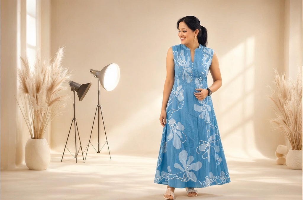 Azure Flora – Hand-Printed Cotton Kurta Set