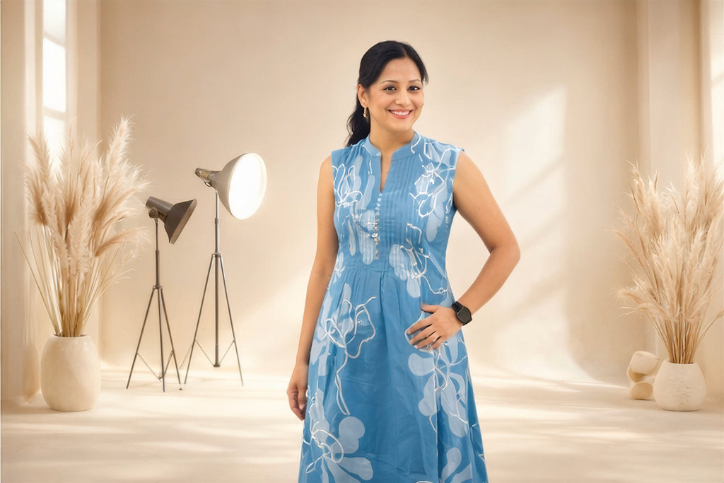 Azure Flora – Hand-Printed Cotton Kurta Set