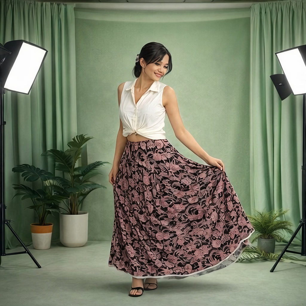 Black floral printed long skirt
