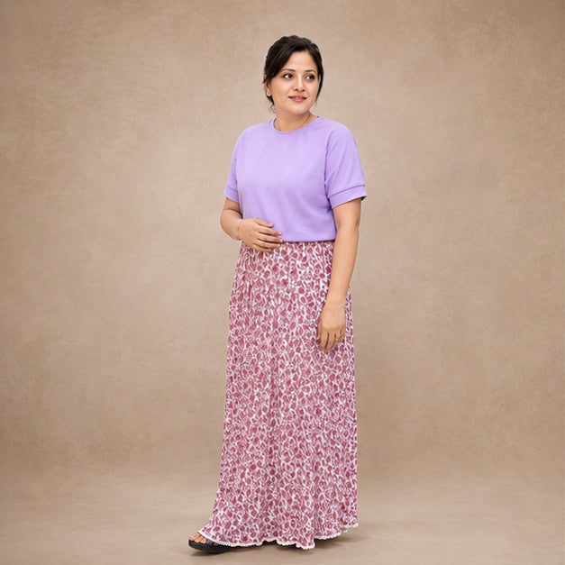 Pink floral printed long skirt