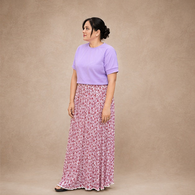 Pink floral printed long skirt