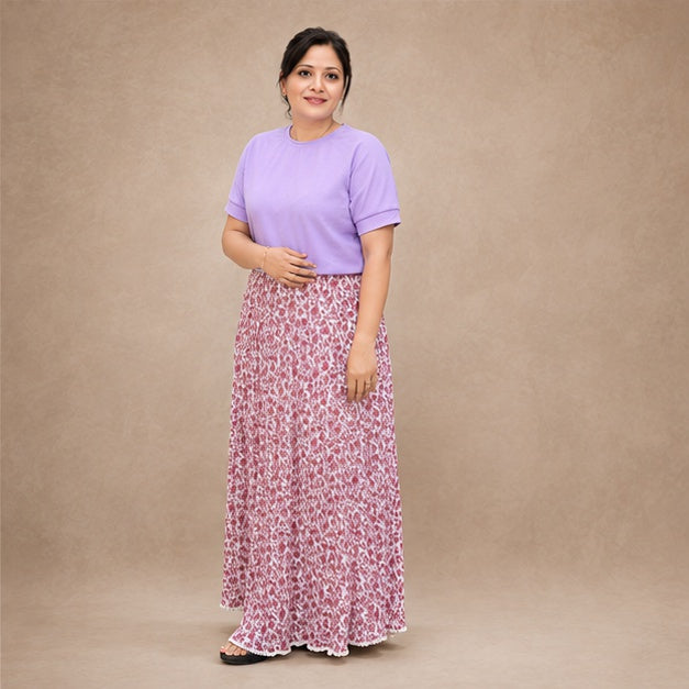 Pink floral printed long skirt