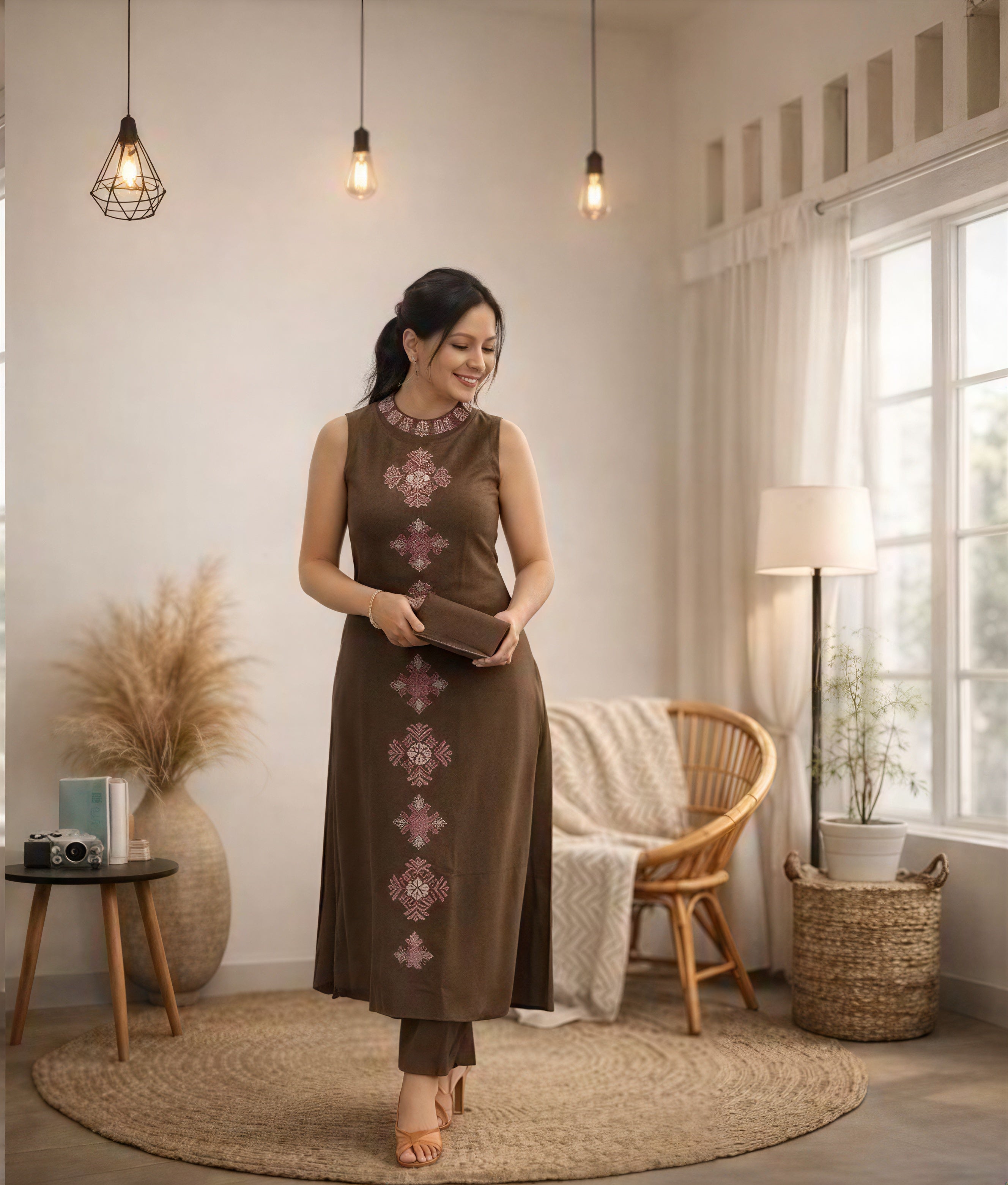 Brown sleevless co-ord set with stitched floral design