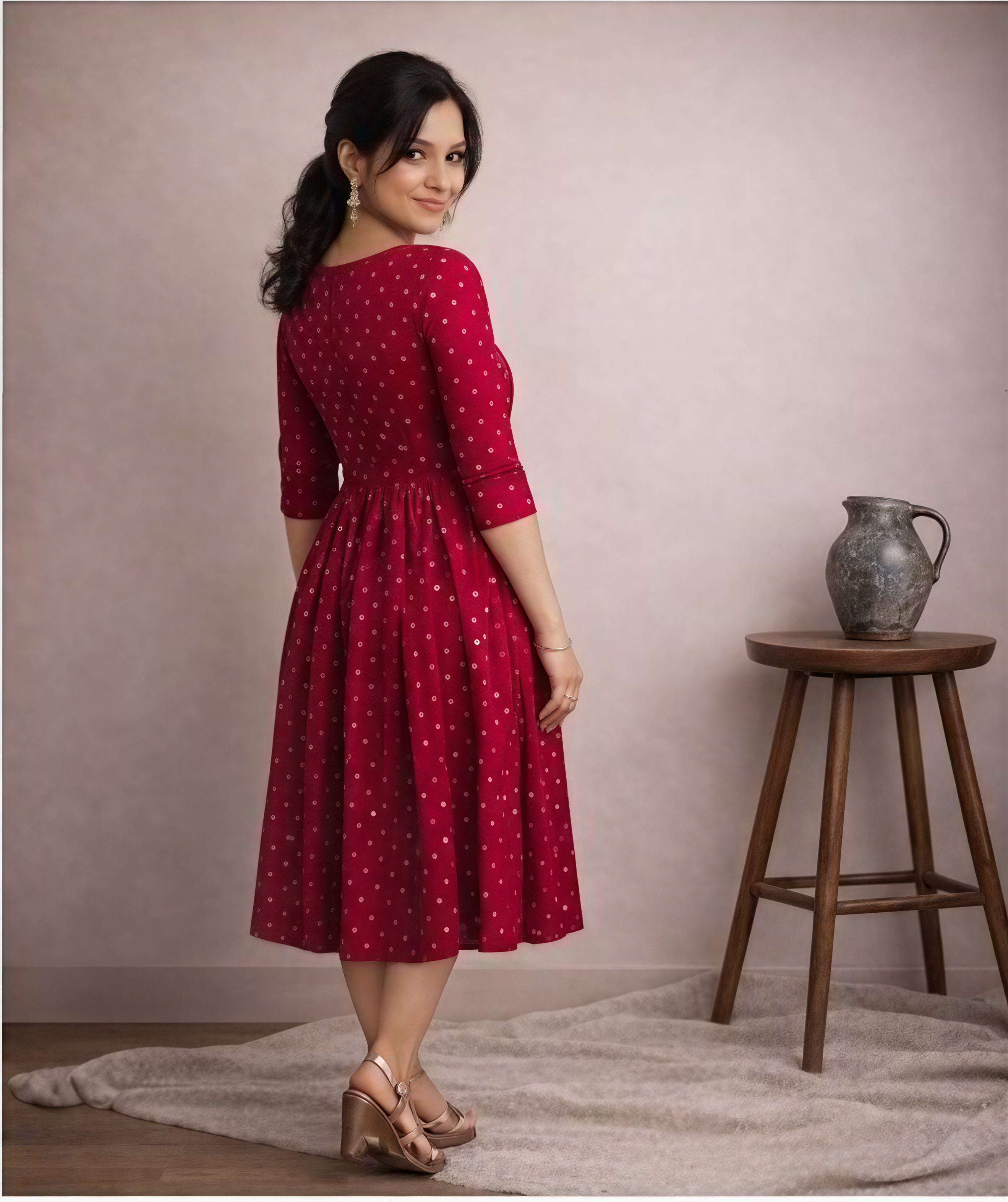 Red one piece kurti below knee length  with kadai work on neck