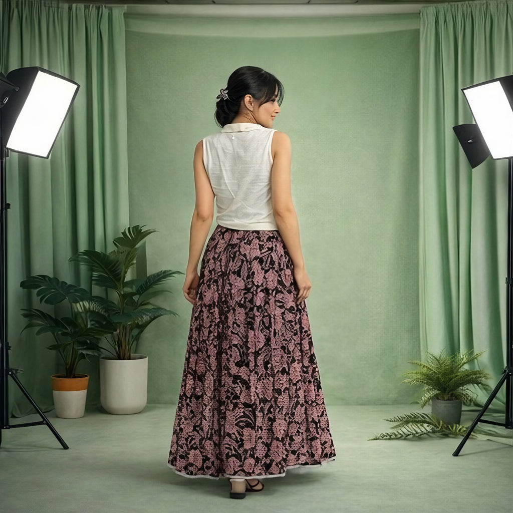Black floral printed long skirt