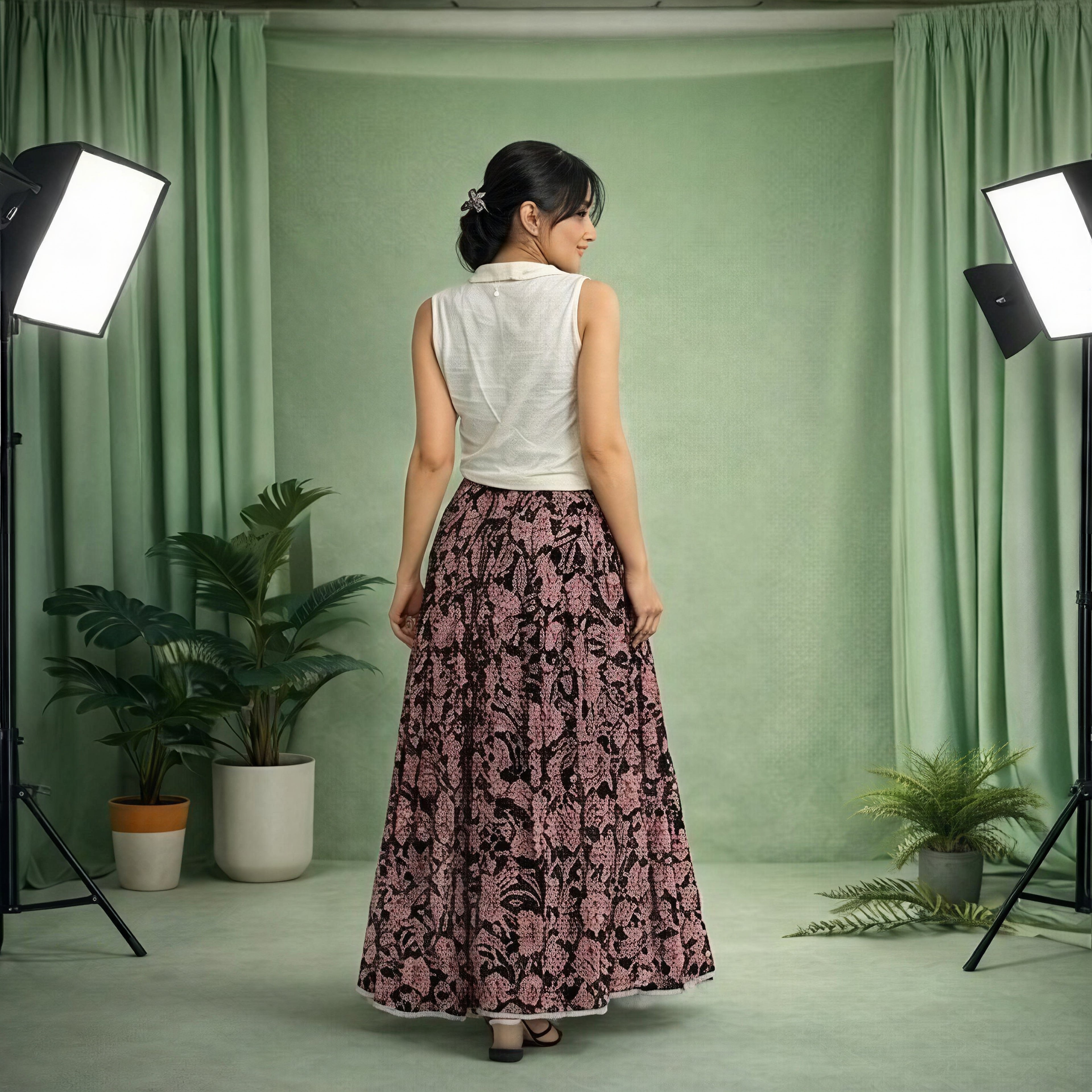 Black floral printed long skirt