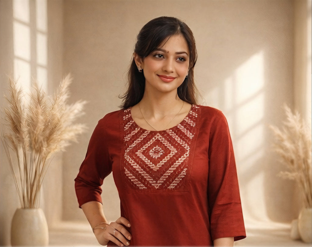 Red kurti with embroidery