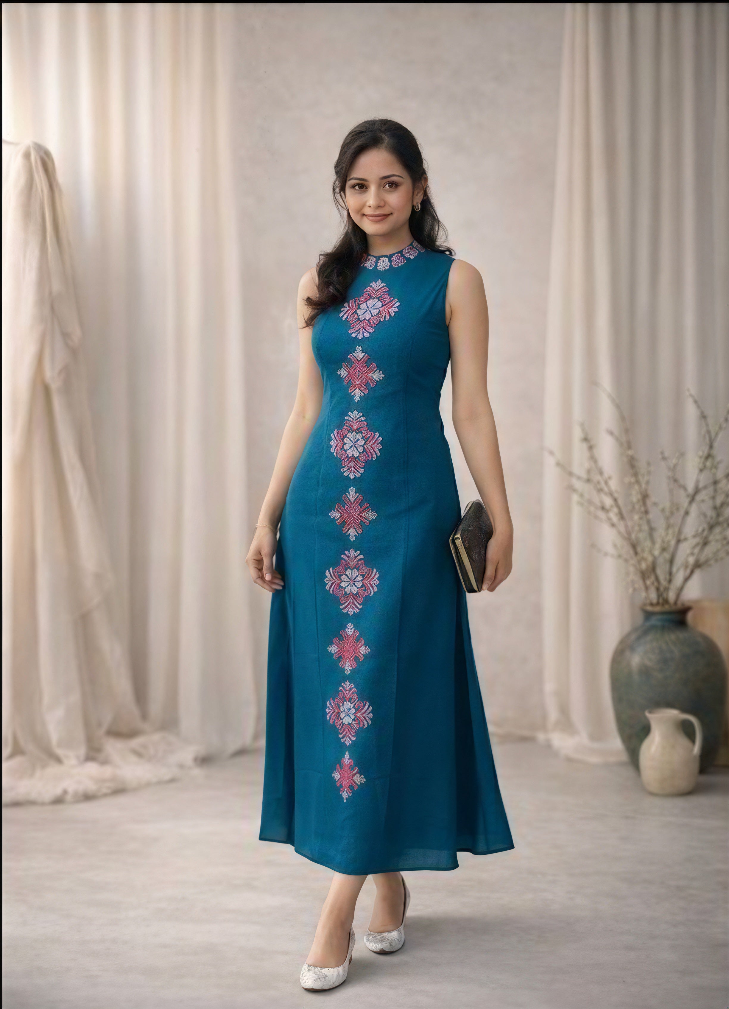 Sleevless co-ord set with floral stitch design in the front