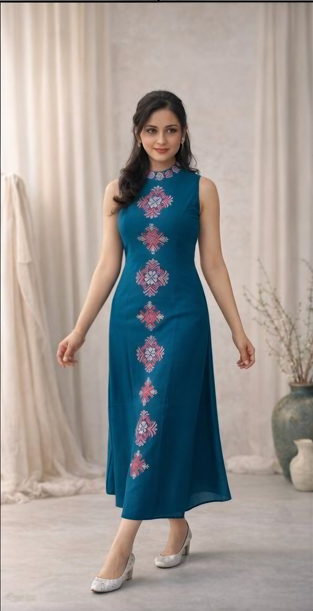 Sleevless co-ord set with floral stitch design in the front