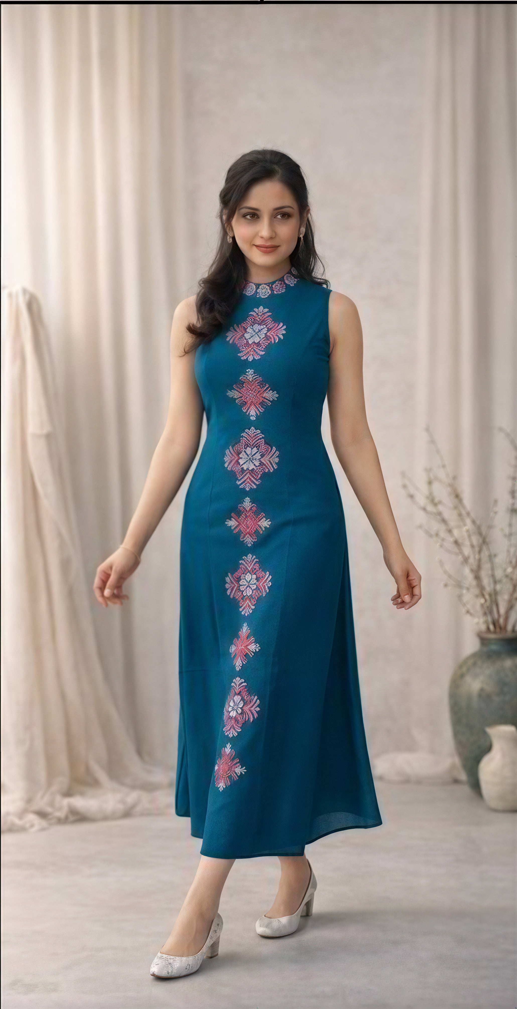 Sleevless co-ord set with floral stitch design in the front