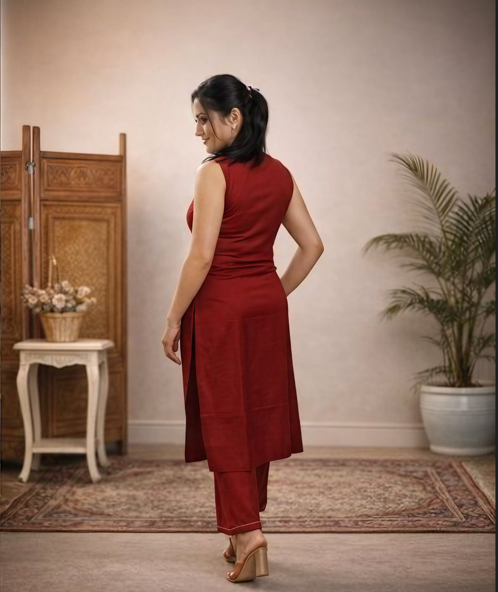 Sleevless kruta co-ord set and stitched floral desgin straight fit