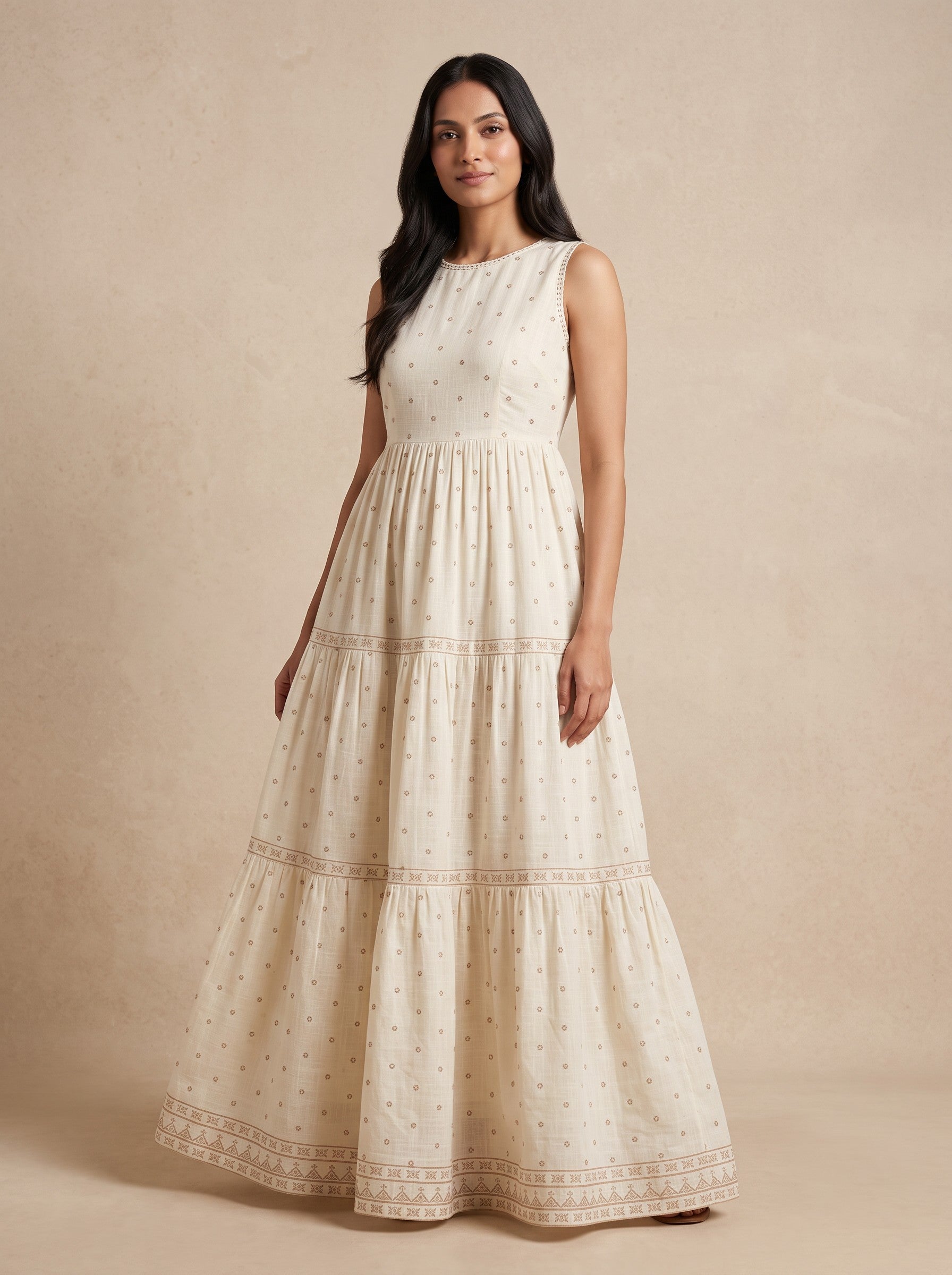 GLAMIRE FASHION Beige Embroidered Sleeveless Cotton Blend Dress – image 1