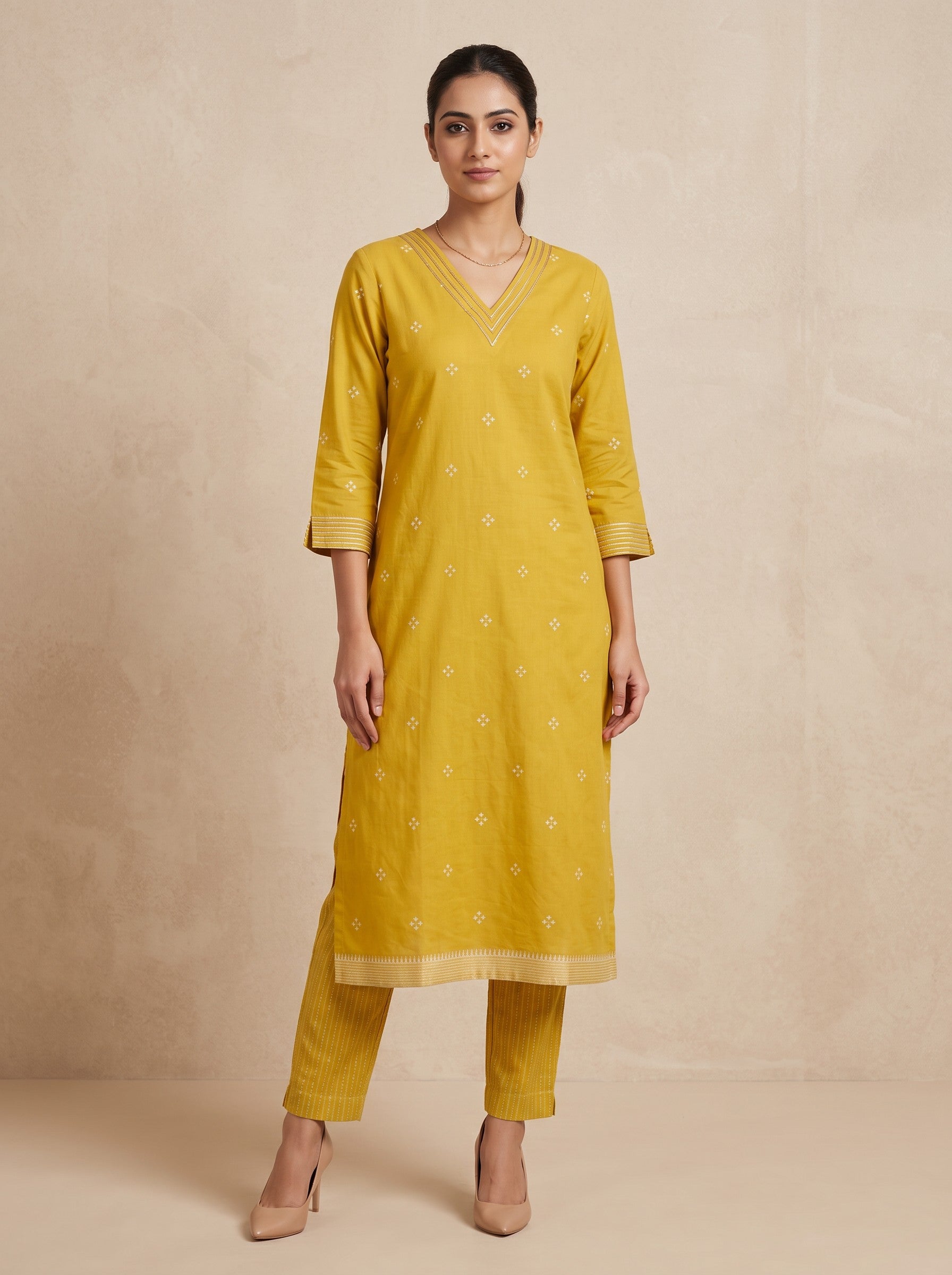 Yellow Cotton Blend Floral Print Slim Fit Kurti with Bottom Wear – image 1