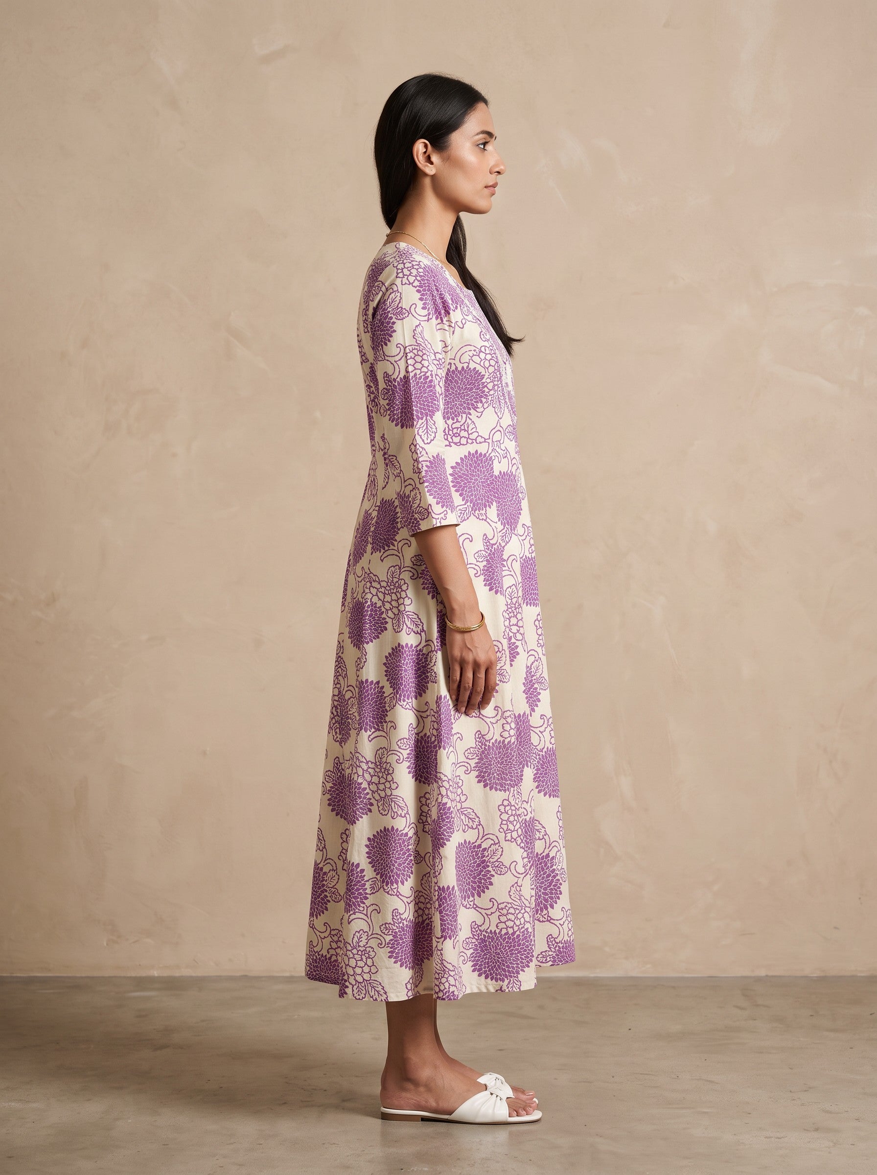 Purple Floral Print Rayon Flared Maxi Dress with Neck Embroidery – image 2