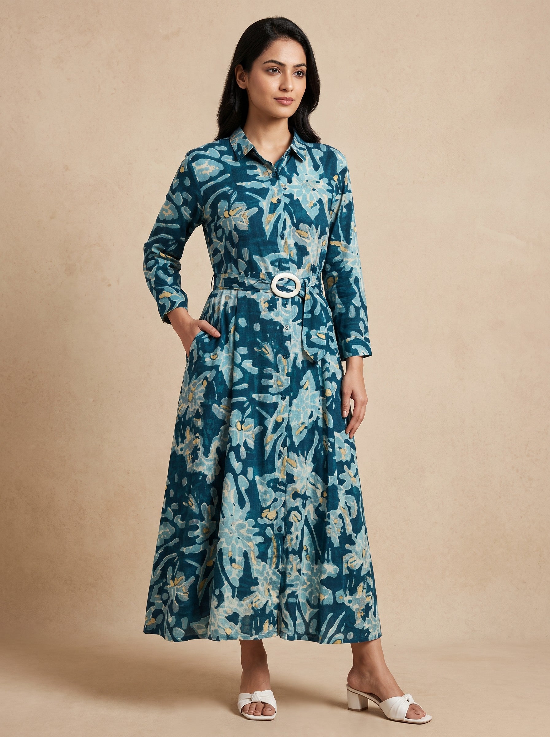 GLAMIRE FASHION Teal Blue Floral Print Rayon Maxi Dress – image 4