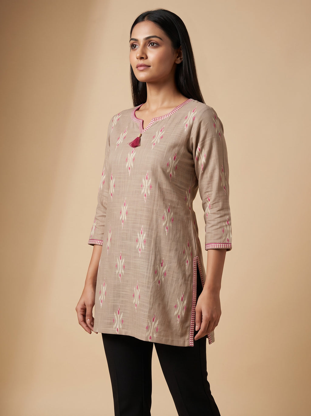 Light Brown Cotton Abstract Print Round Neck Short Kurti – image 4