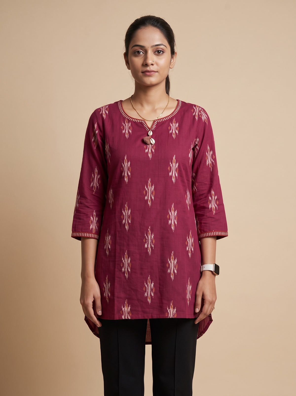 Maroon Cotton Abstract Printed Short Kurti with Neck Embroidery – image 1