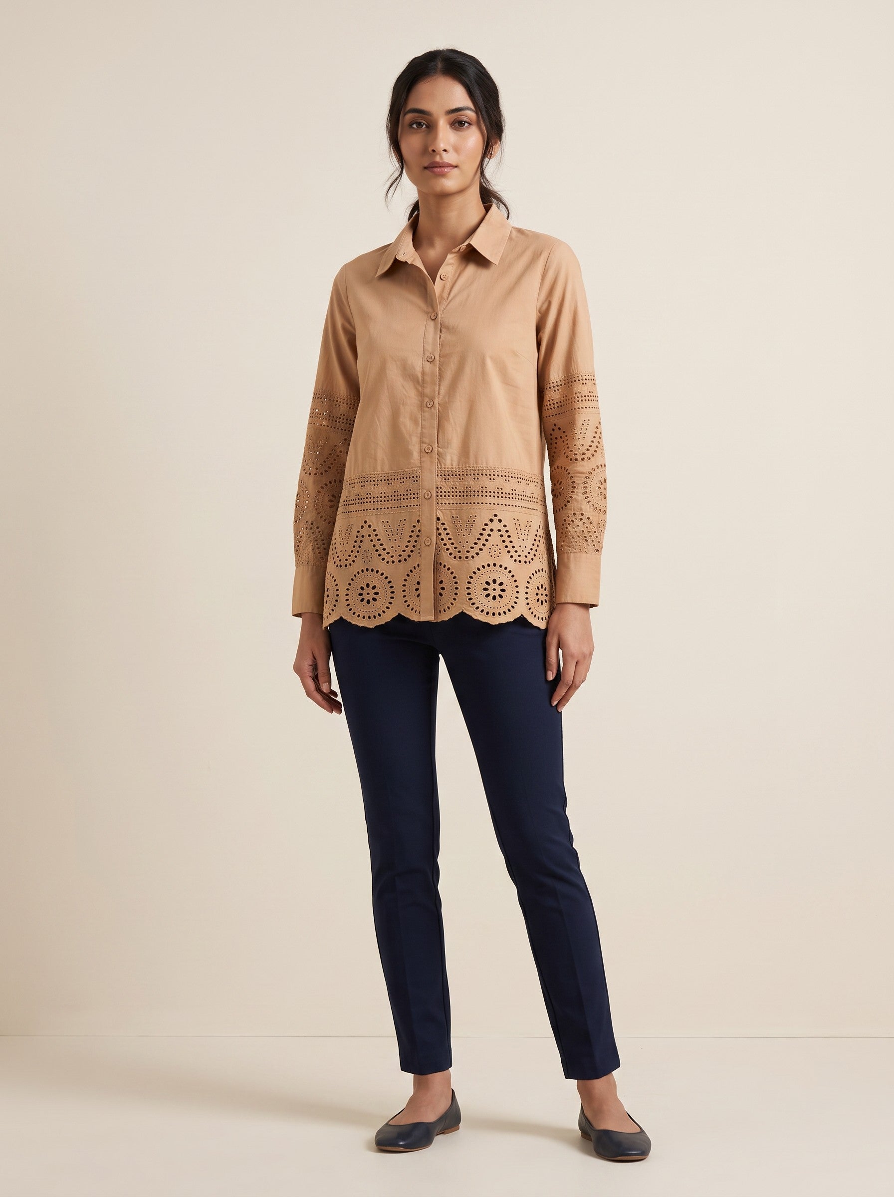 GLAMIRE FASHION Beige Cotton Blend Embroidered Short Kurti – image 1