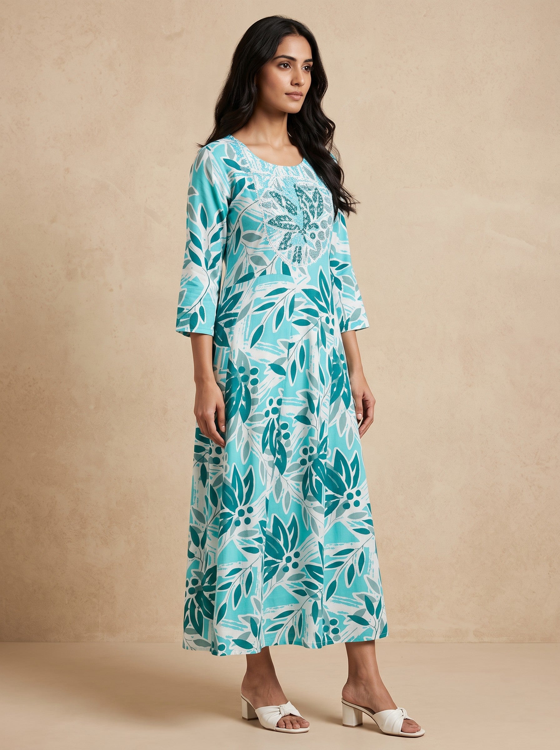 GLAMIRE FASHION Teal & Blue Printed Flared Rayon Maxi Dress – image 1