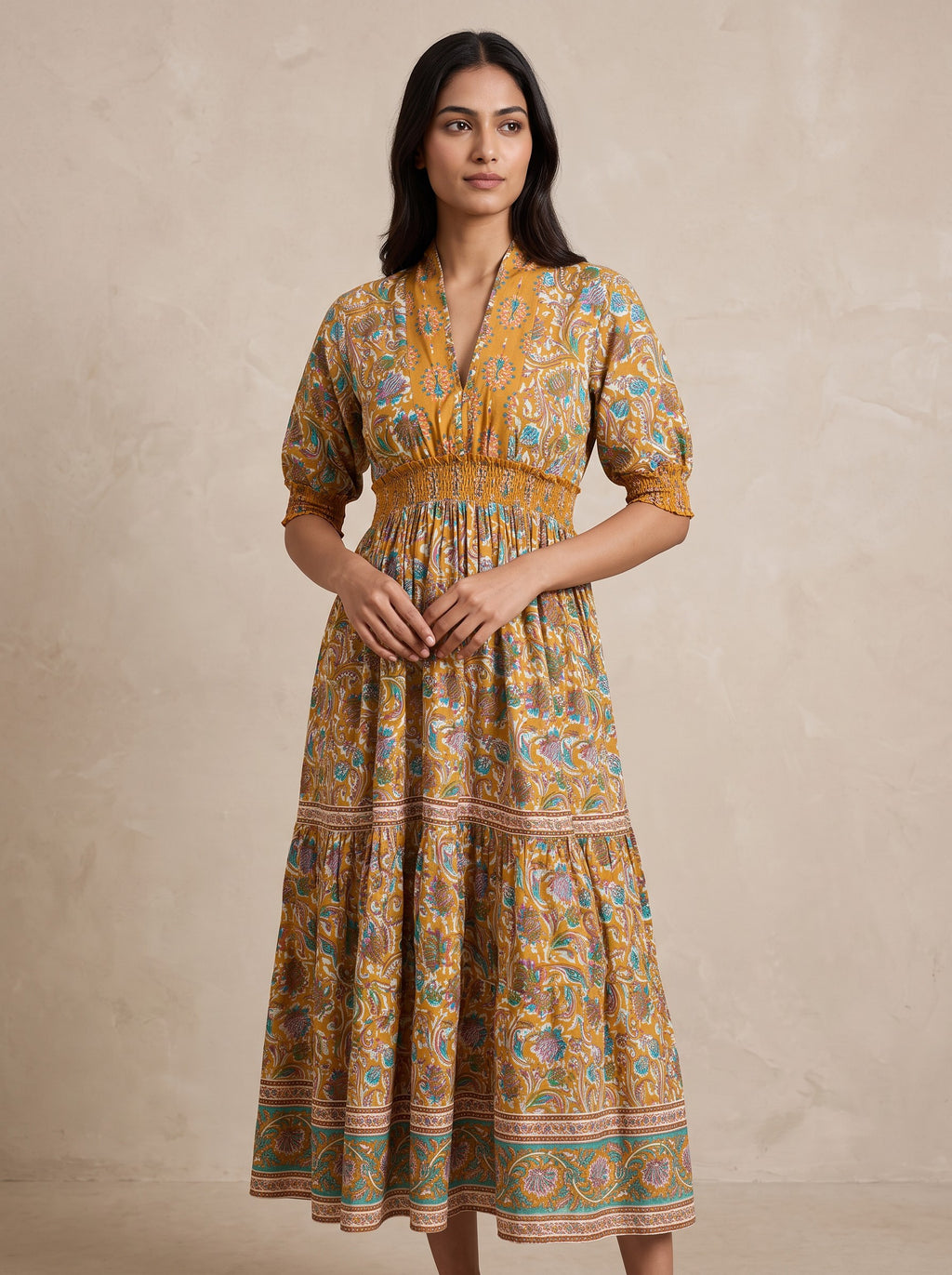 Yellow Floral Print V-Neck Rayon Maxi Dress with 1/2 Sleeves – image 4