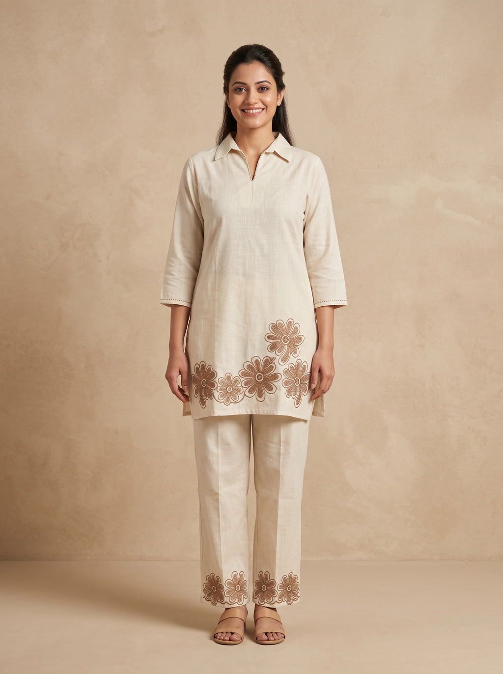 GLAMIRE FASHION Khadi Cotton Blend Collared Floral Kurti Set – image 1