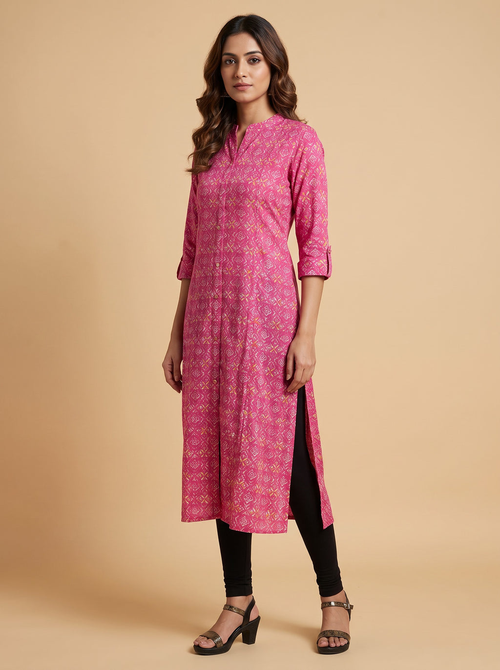 Pink Patterned Printed Rayon Slim Fit Collared Kurti – image 4