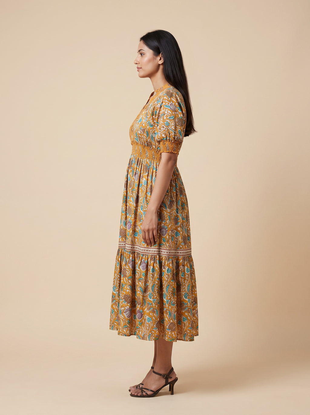 Yellow Floral Print V-Neck Rayon Maxi Dress with 1/2 Sleeves – image 2