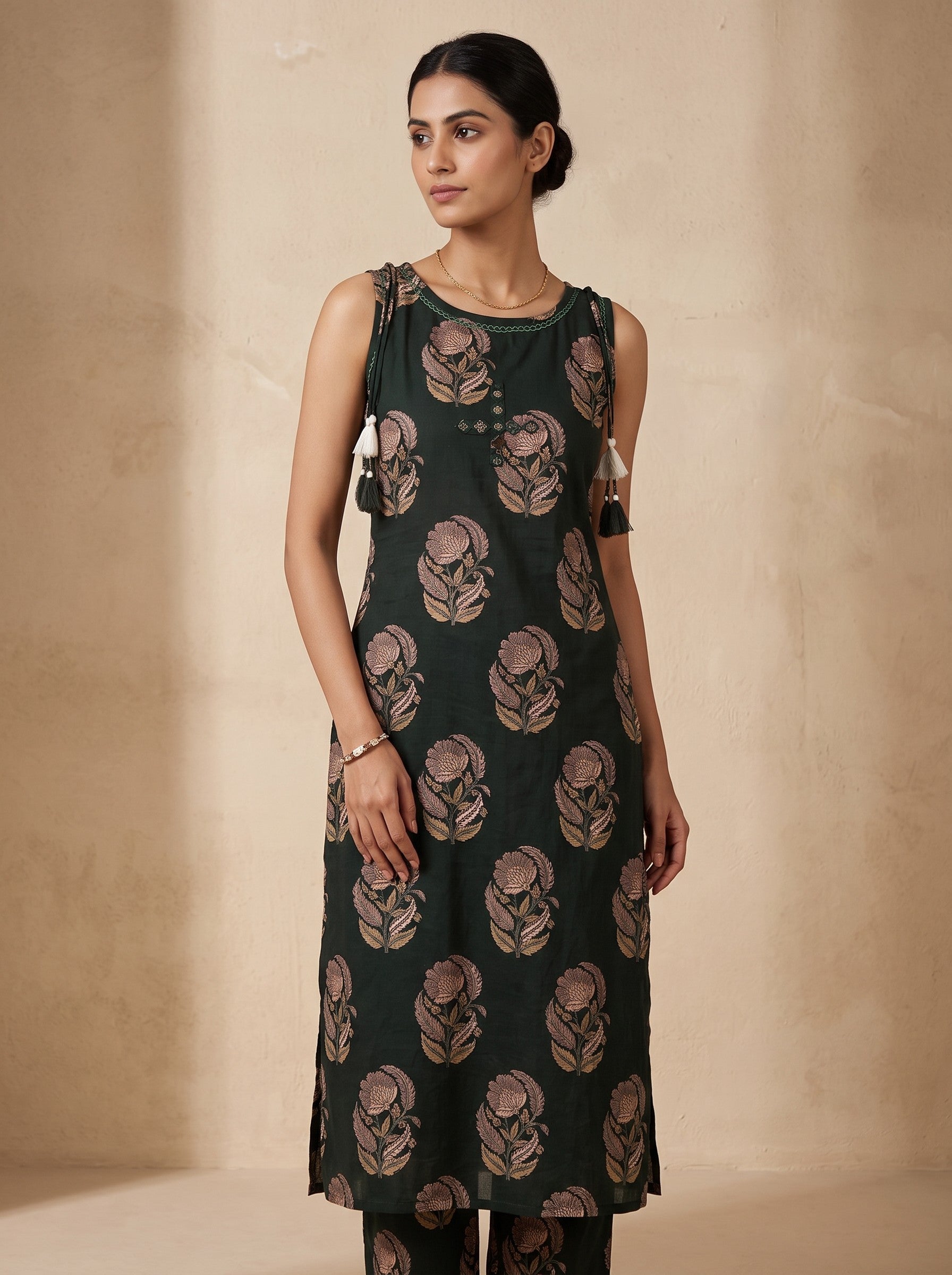 Dark Green Sleeveless Printed Cotton Blend Kurti with Bottom Wear – image 1