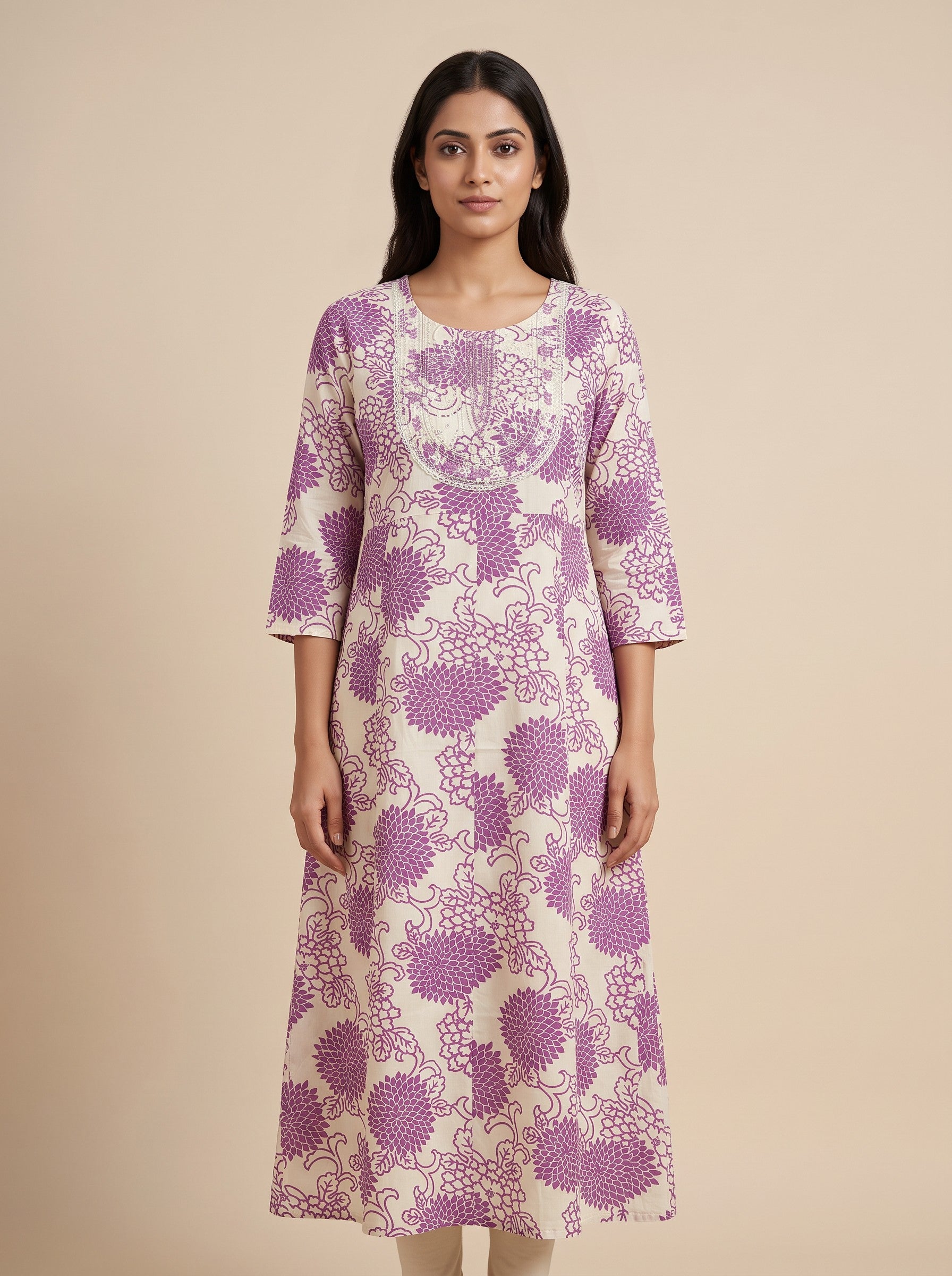 Purple Floral Print Rayon Flared Maxi Dress with Neck Embroidery – image 1