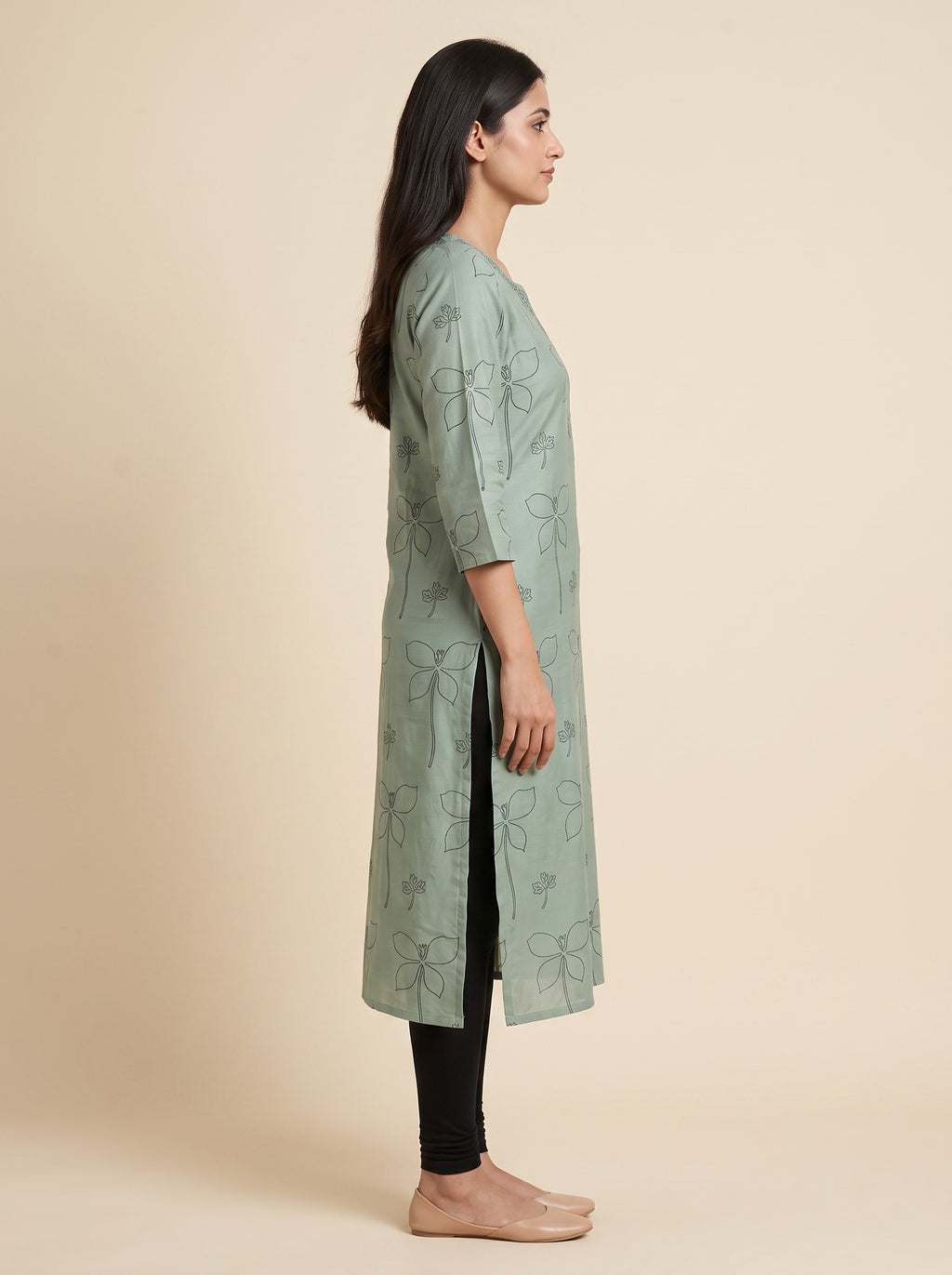 Light Olive Green Rayon Floral Print V-Cut Kurti – image 2