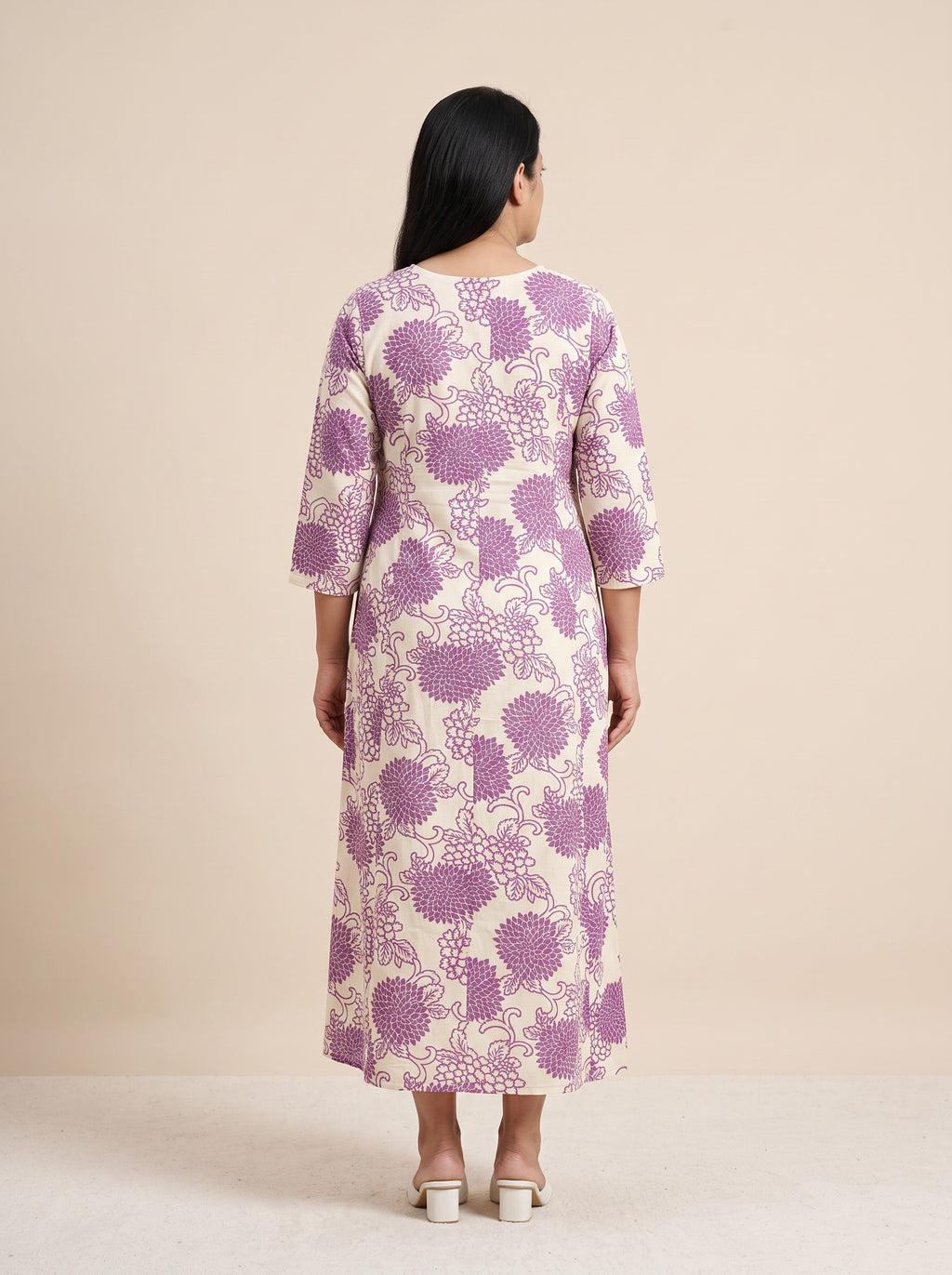 Purple Floral Print Rayon Flared Maxi Dress with Neck Embroidery – image 3