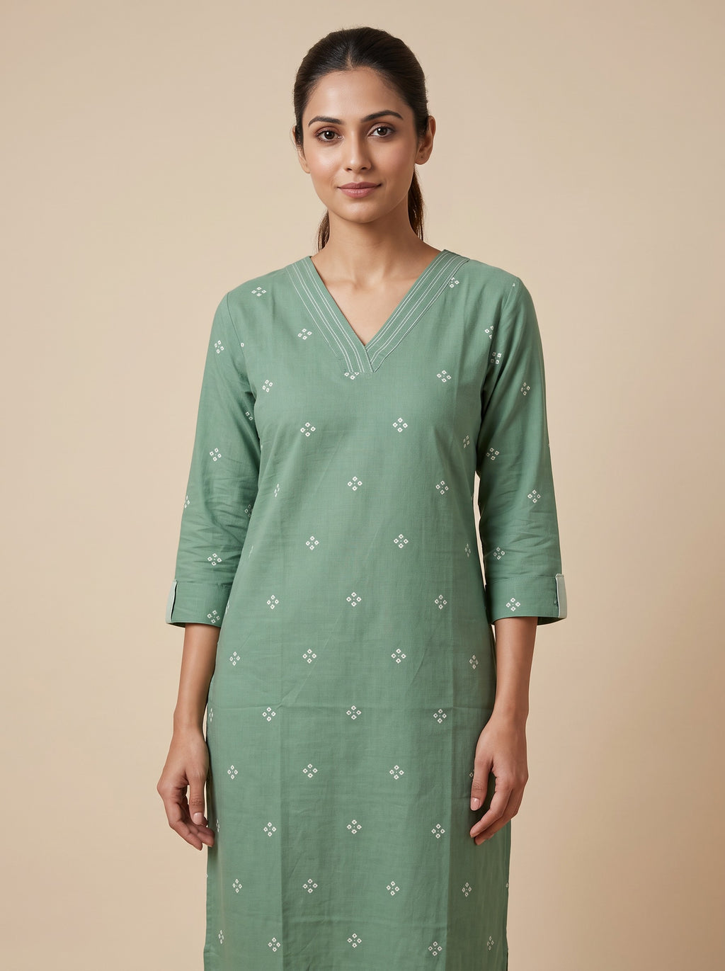 Pale Green Cotton Blend Floral Print Slim Fit Kurti Set – image 1